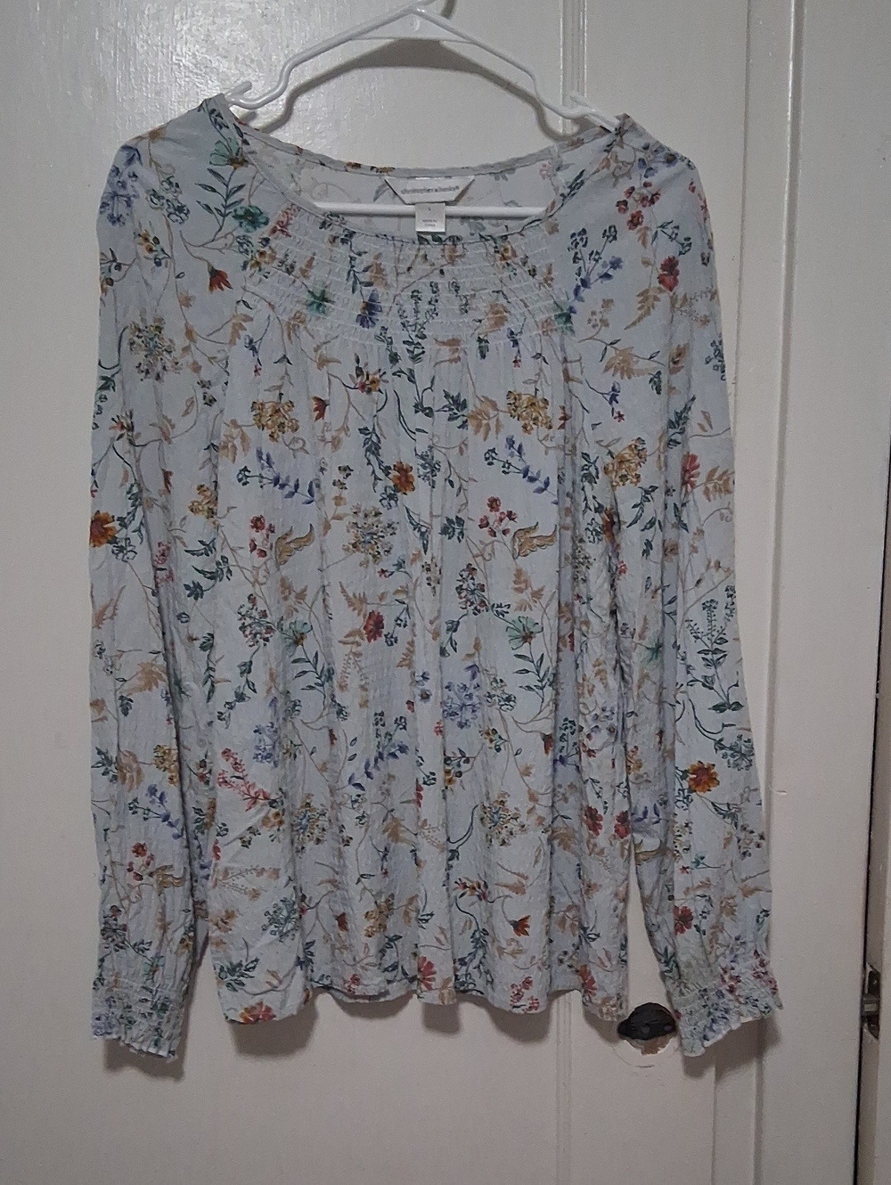 Christopher & Banks Light Blue Floral Smocked Yoke Long Sleeve Top